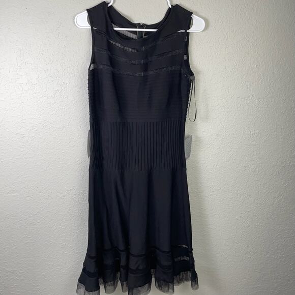 Tadashi Shoji Mesh Illusion Striped Dress Black Fit & Flare Size Medium NWT - Picture 1 of 11